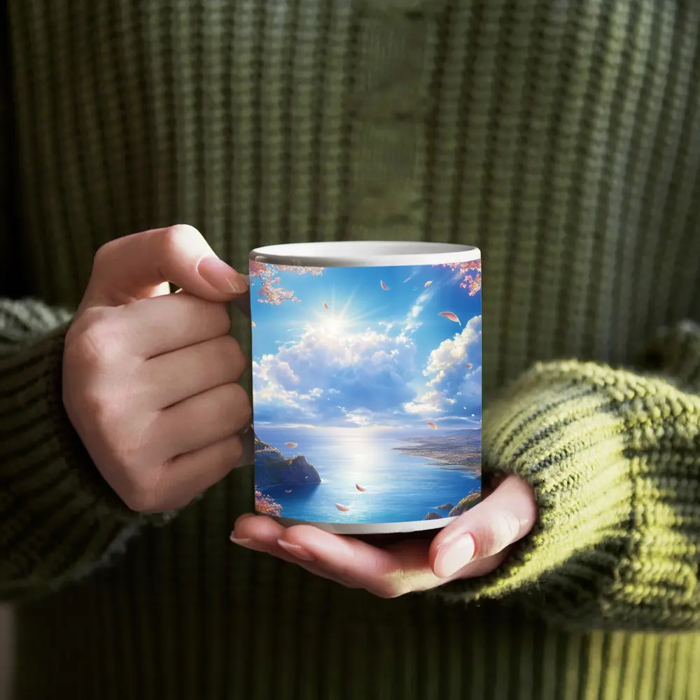 Cherry Blossom Petals Over Blue Ocean – Mugs