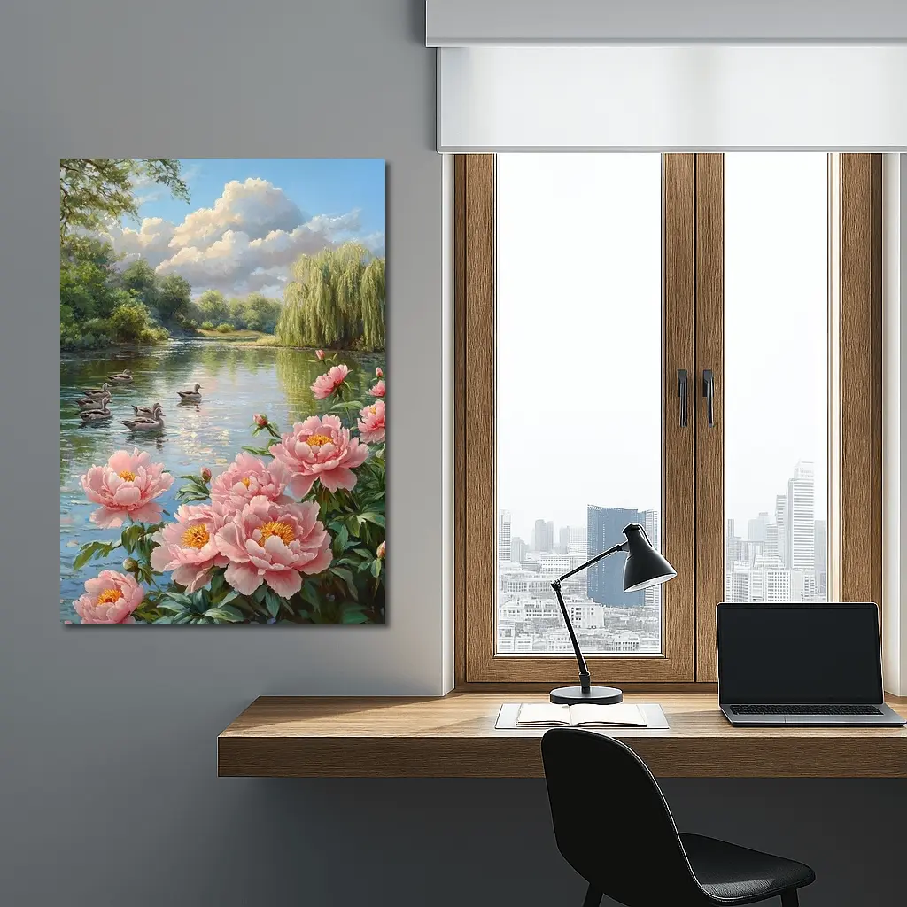 Pink Peonies by Peaceful Lake with Ducks – Wall Art