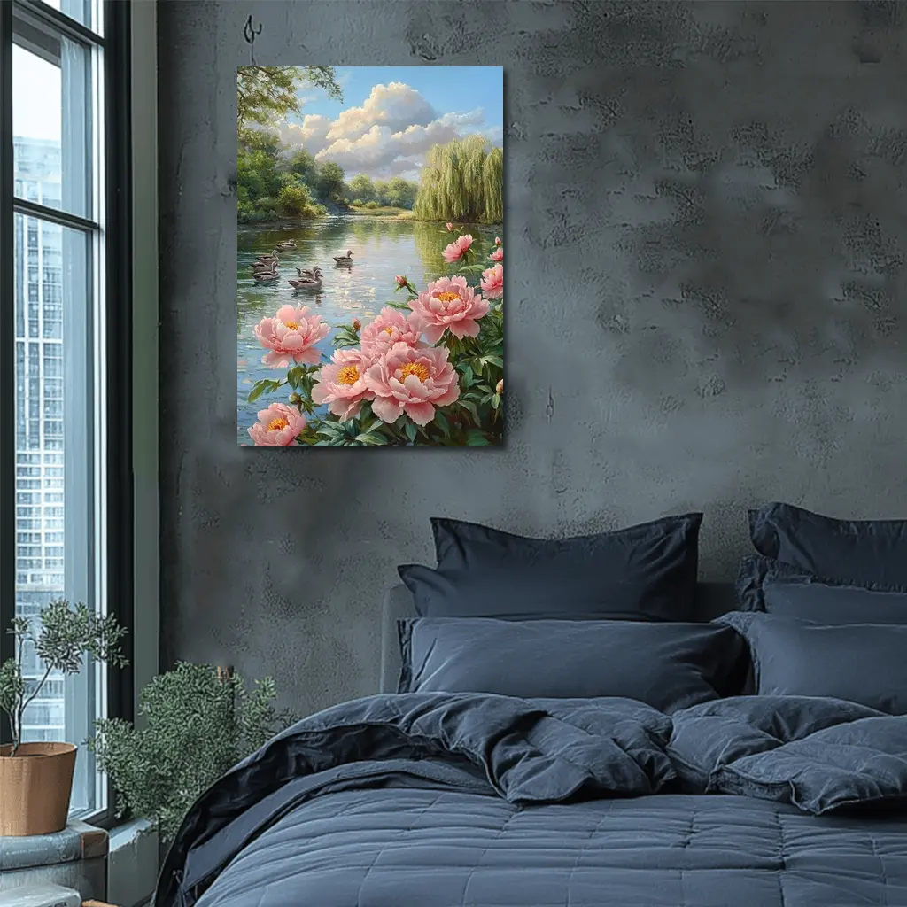 Pink Peonies by Peaceful Lake with Ducks – Wall Art