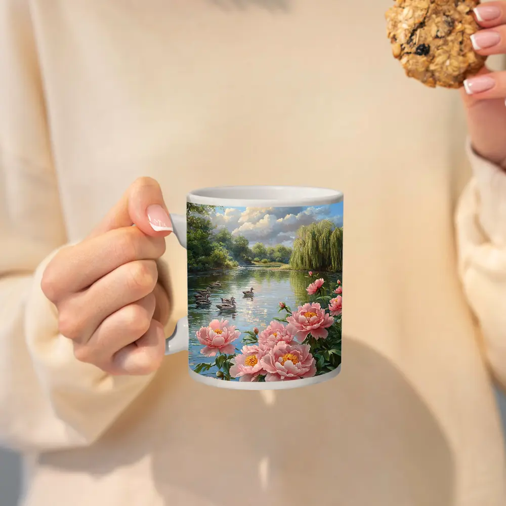 Pink Peonies by Peaceful Lake with Ducks – Mugs