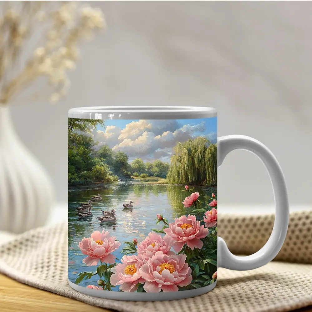 Pink Peonies by Peaceful Lake with Ducks – Mugs