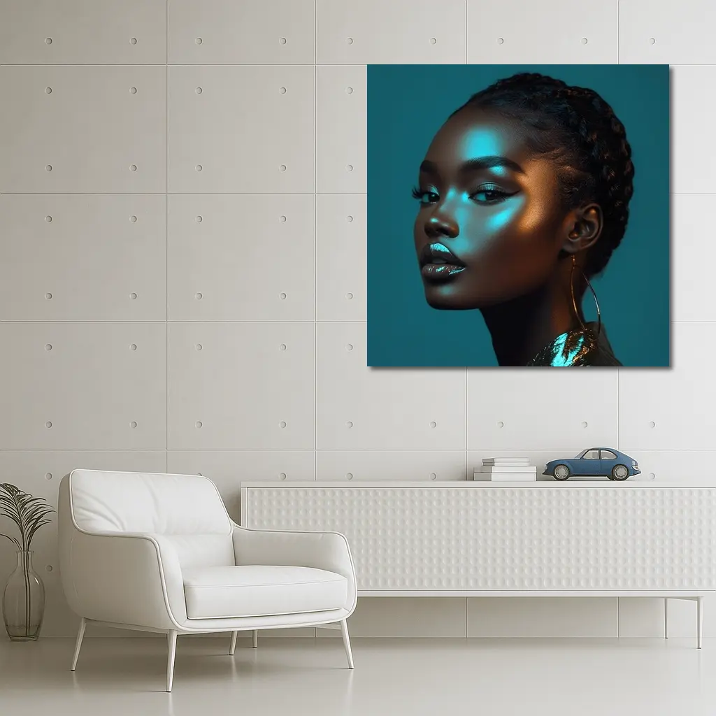 Black Woman Portrait Teal Neon Light – Wall Art
