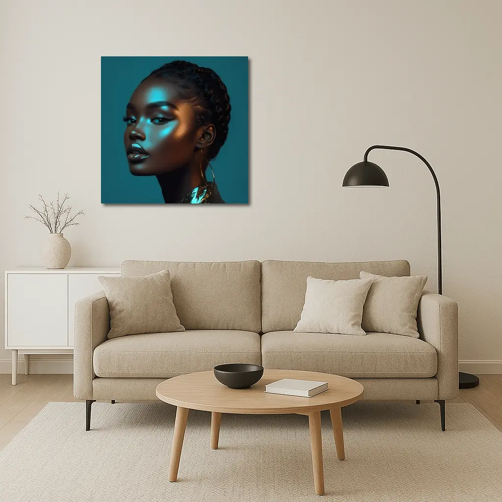 Black Woman Portrait Teal Neon Light – Wall Art