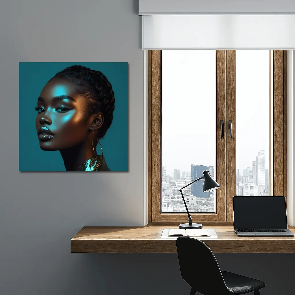 Black Woman Portrait Teal Neon Light – Wall Art