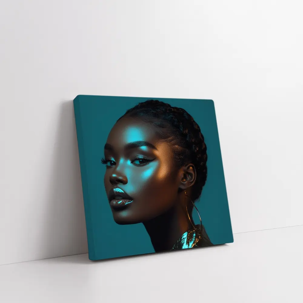 Black Woman Portrait Teal Neon Light – Wall Art