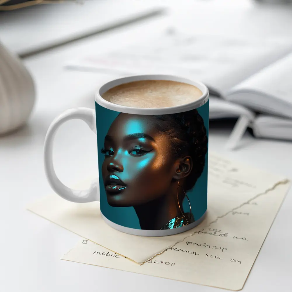 Black Woman Portrait Teal Neon Light – Mugs