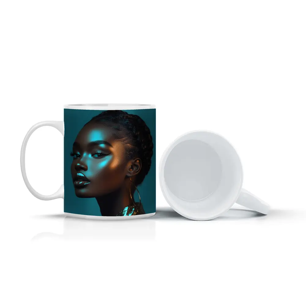 Black Woman Portrait Teal Neon Light – Mugs