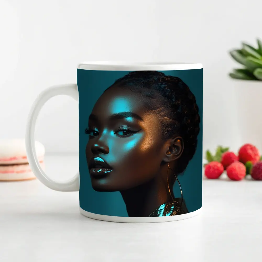 Black Woman Portrait Teal Neon Light – Mugs
