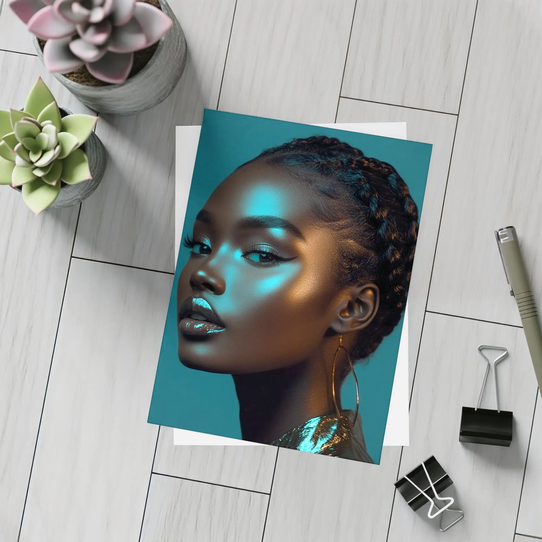 Black Woman Portrait Teal Neon Light – Postcards