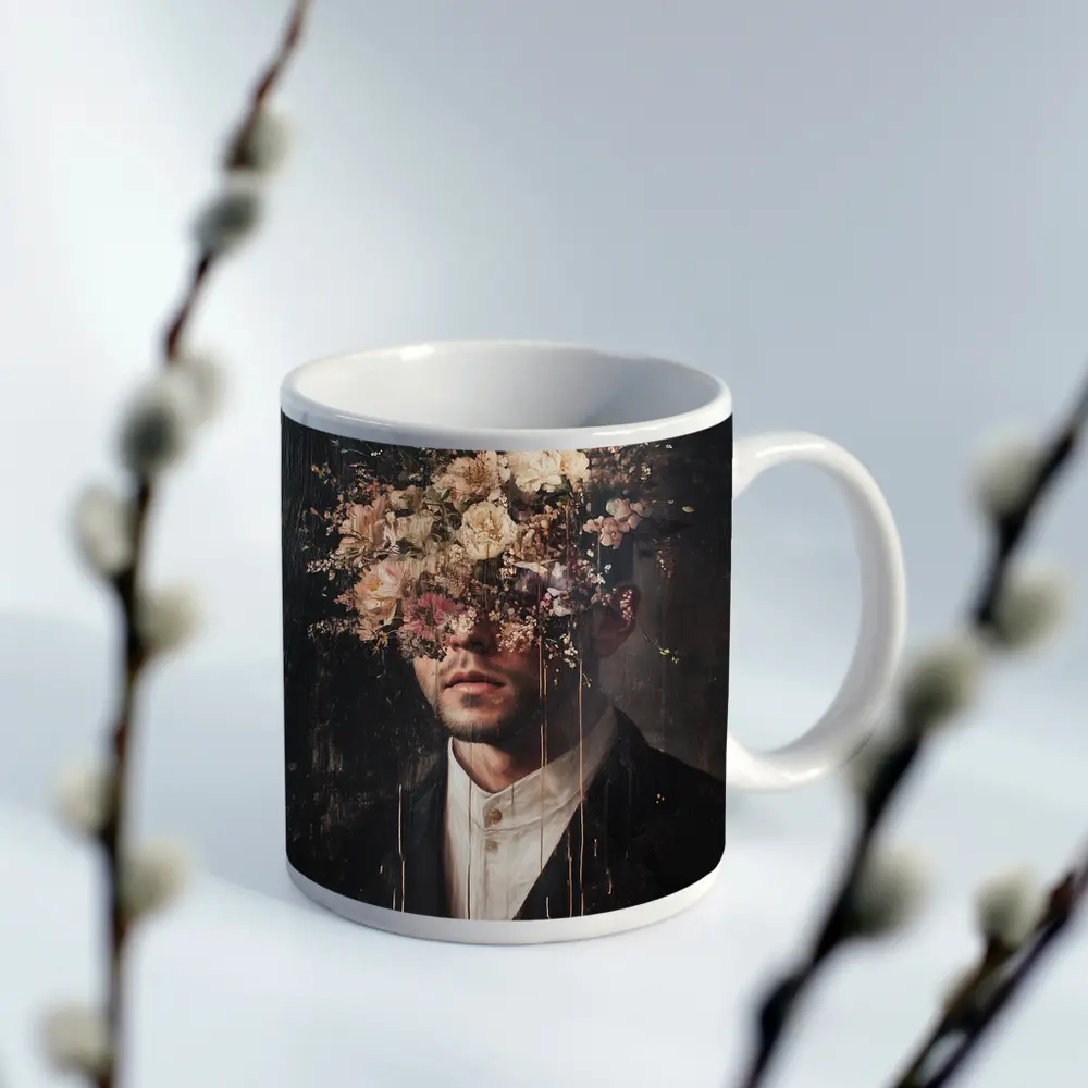 Man In Suit With Floral Head Dark – Mugs