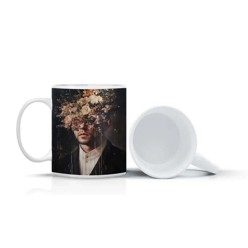 Man In Suit With Floral Head Dark – Mugs