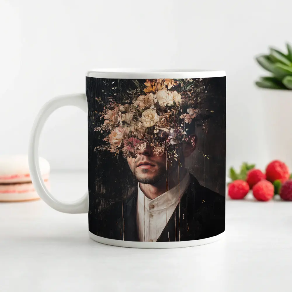 Man In Suit With Floral Head Dark – Mugs