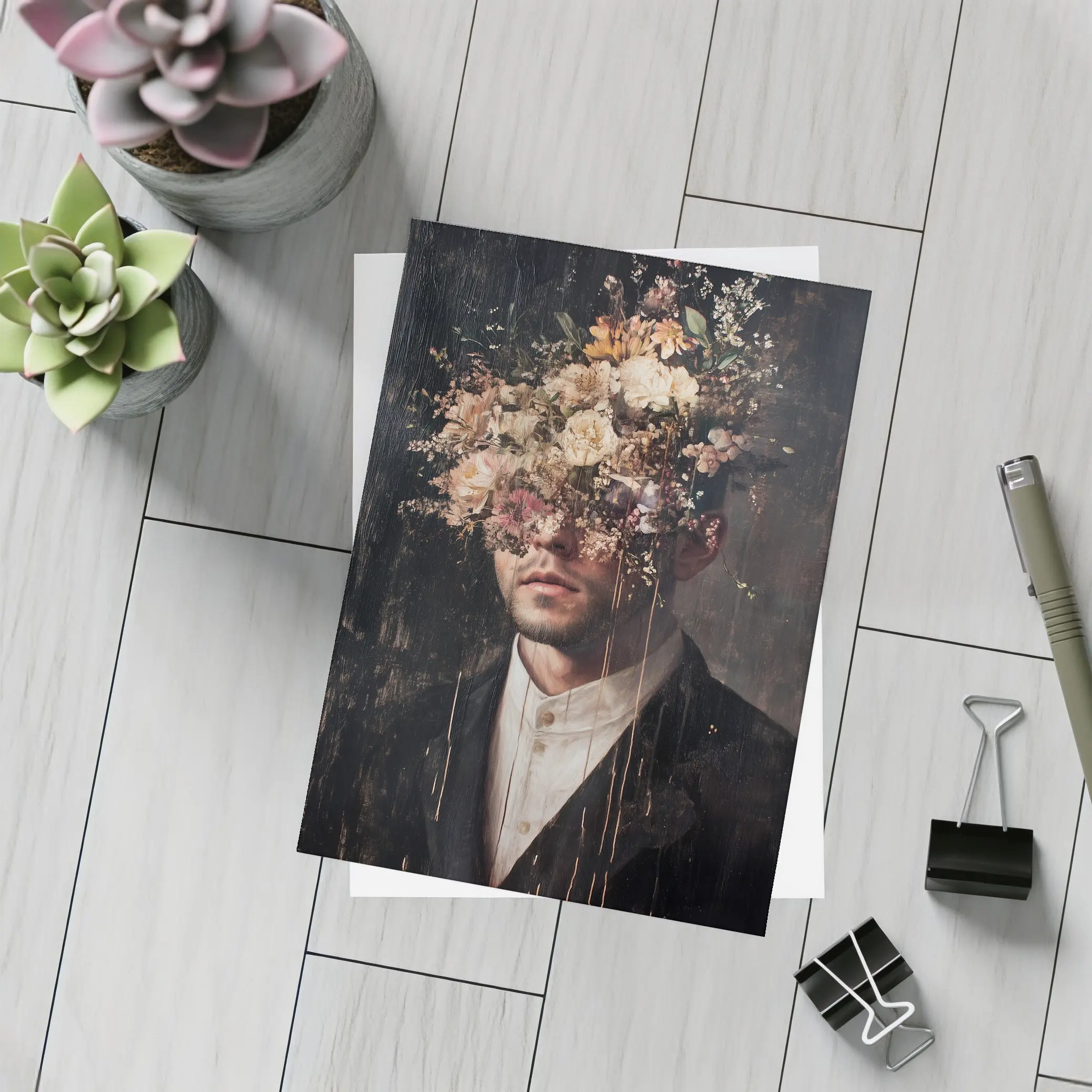Man In Suit With Floral Head Dark – Postcards