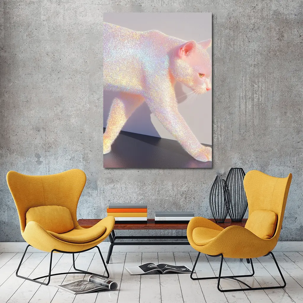 Holographic Glitter Cat Walking Iridescent Light – Wall Art