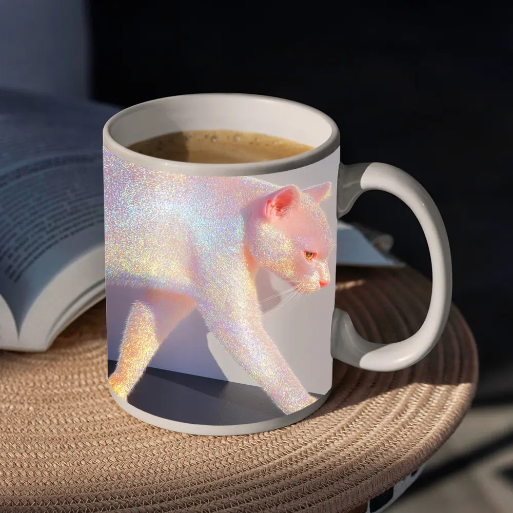 Holographic Glitter Cat Walking Iridescent Light – Mugs
