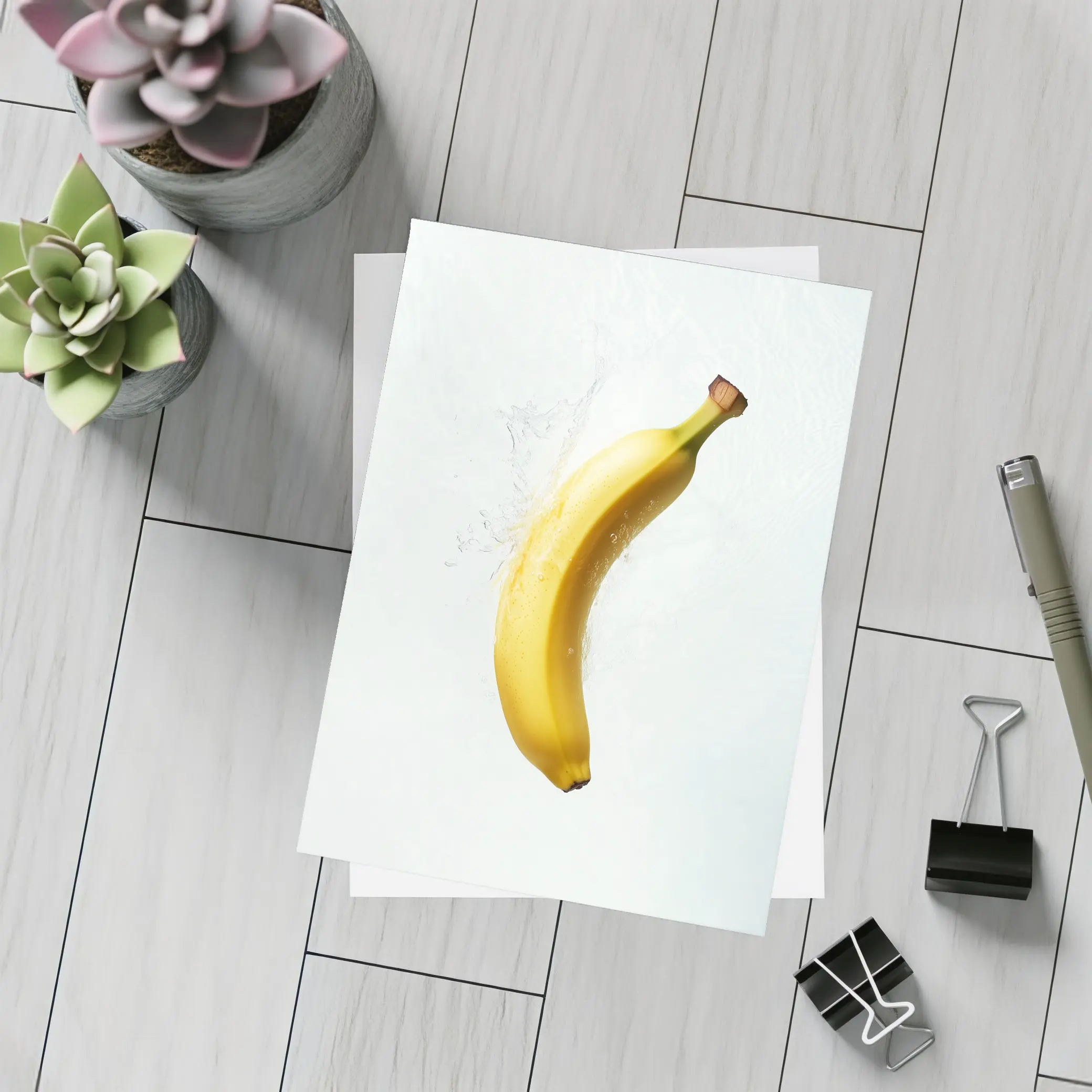 Banana Splashing Through Clear Water Background – Postcards