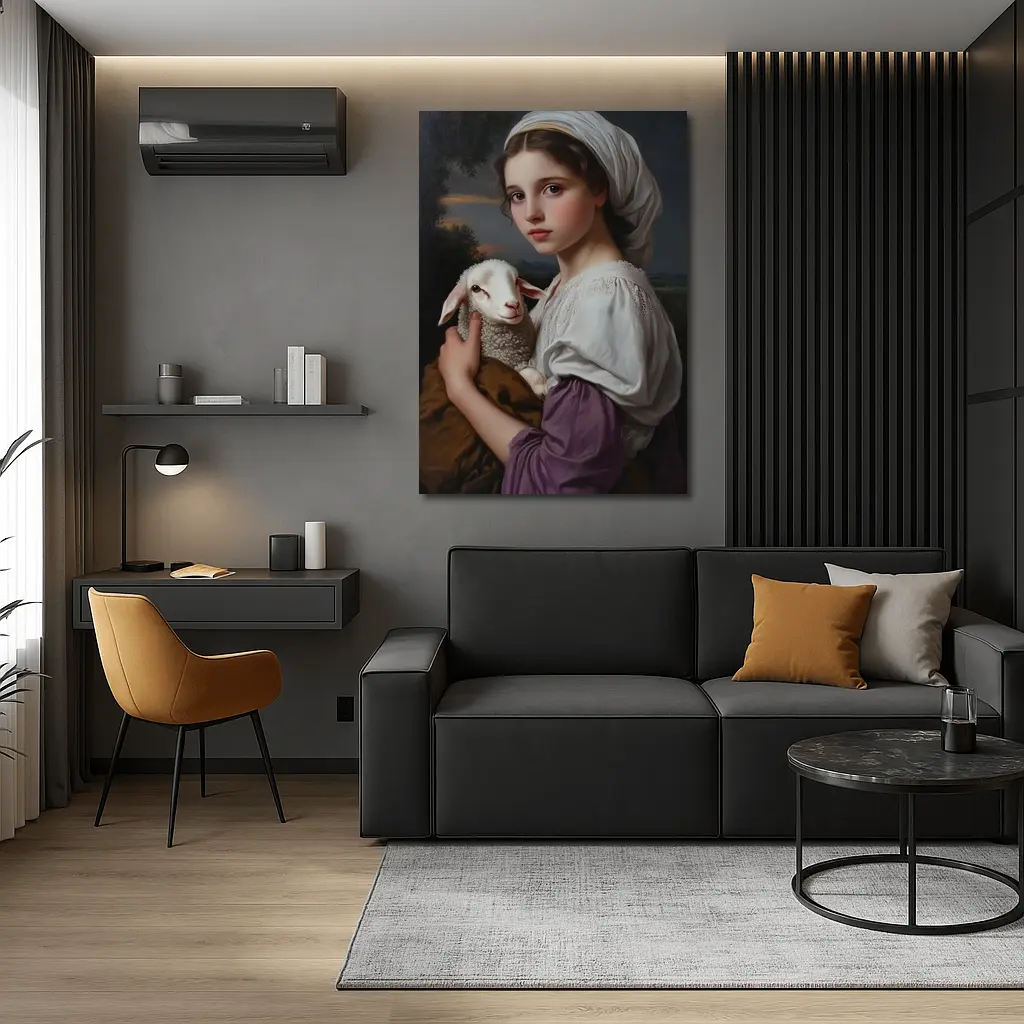 Young Girl Holding Lamb Classical Portrait – Wall Art