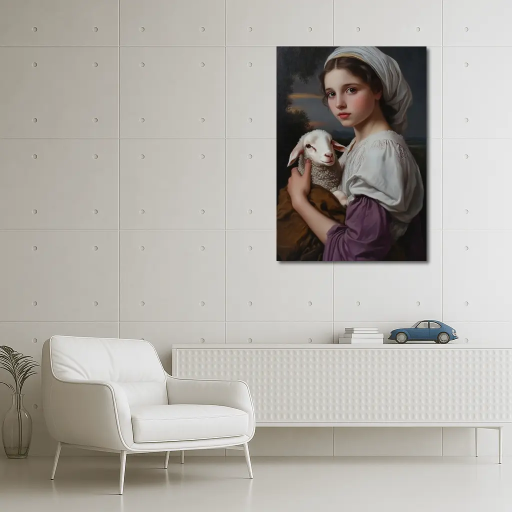 Young Girl Holding Lamb Classical Portrait – Wall Art