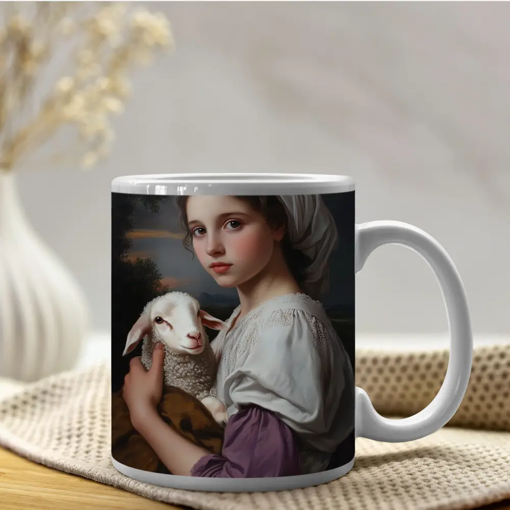 Young Girl Holding Lamb Classical Portrait – Mugs
