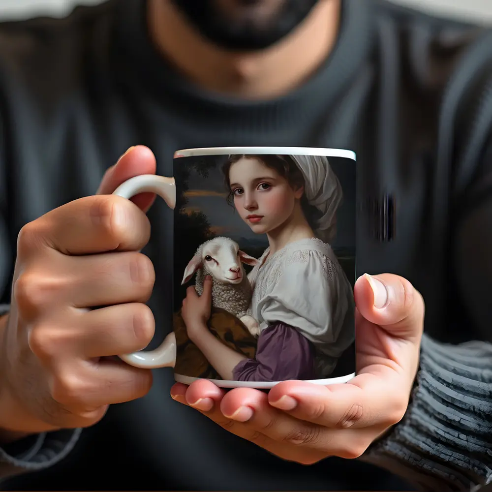 Young Girl Holding Lamb Classical Portrait – Mugs