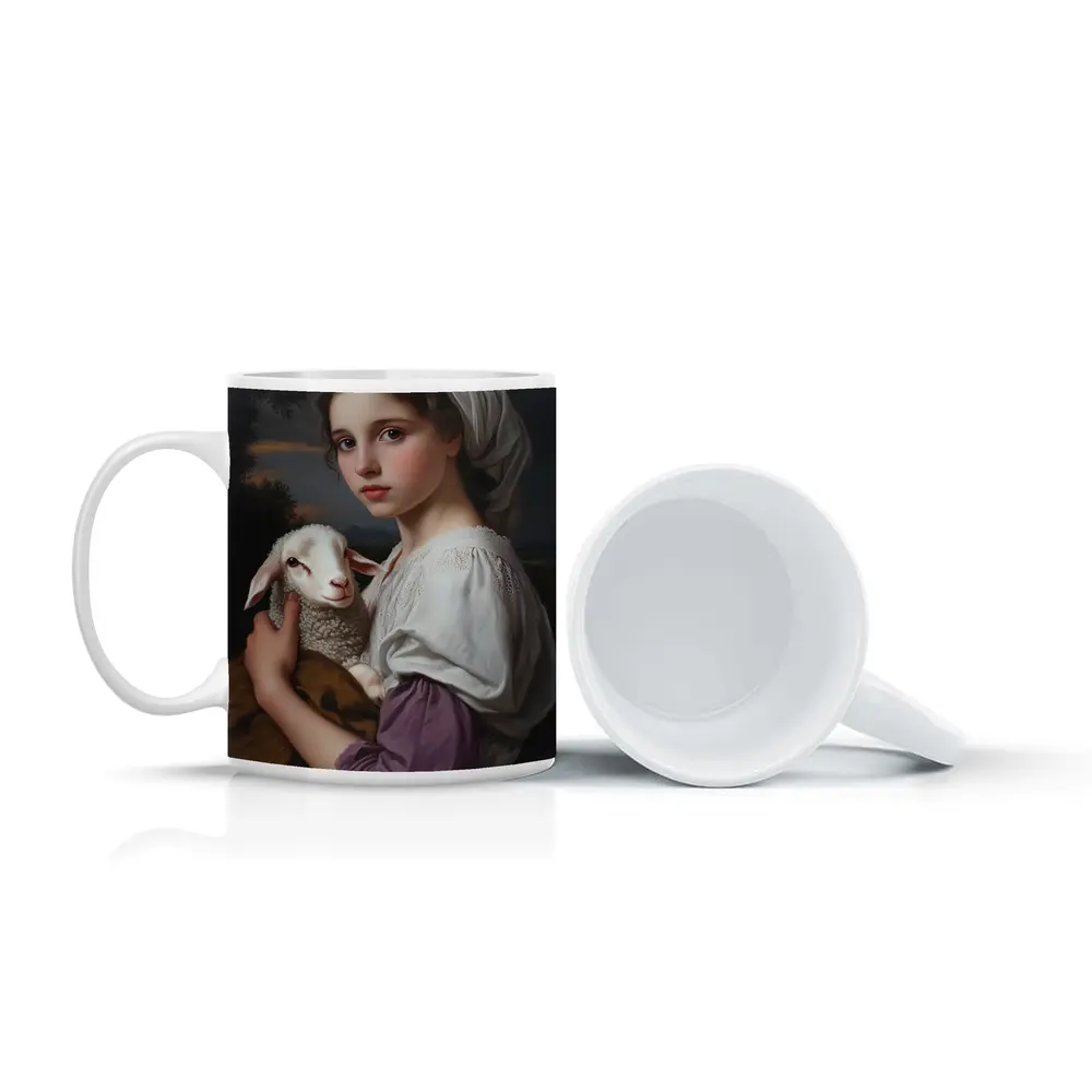 Young Girl Holding Lamb Classical Portrait – Mugs