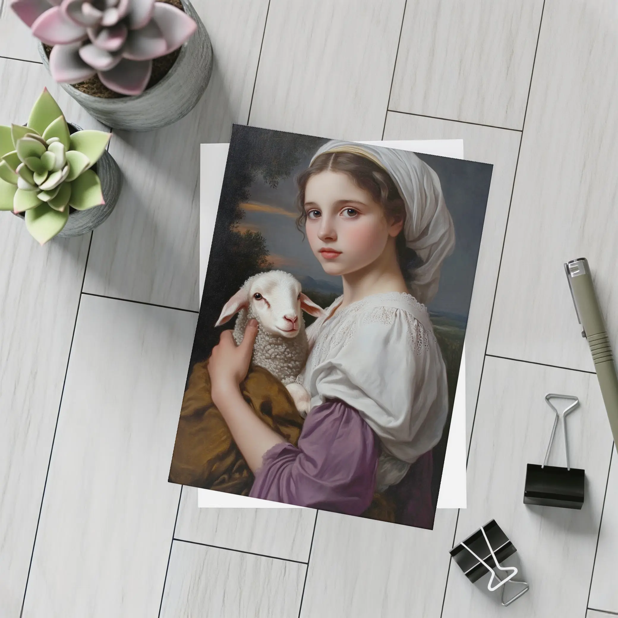 Young Girl Holding Lamb Classical Portrait – Postcards