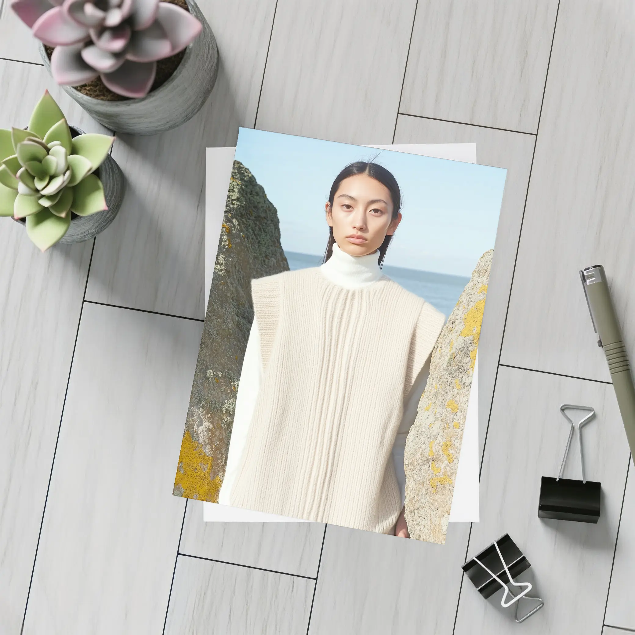 Cream Knit Vest Coastal Rocky Shore – Postcards