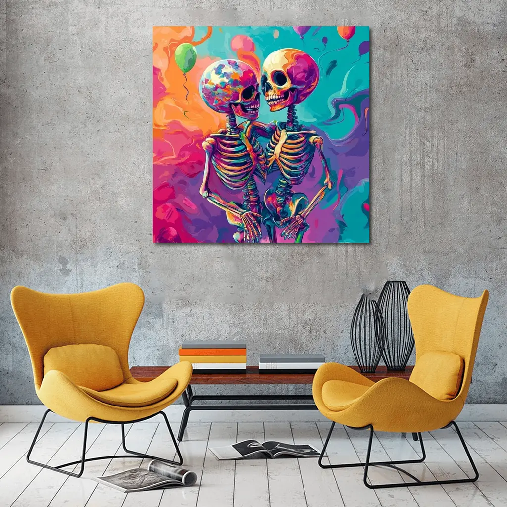 Colorful Skeletons Embracing Balloon Party Background – Wall Art