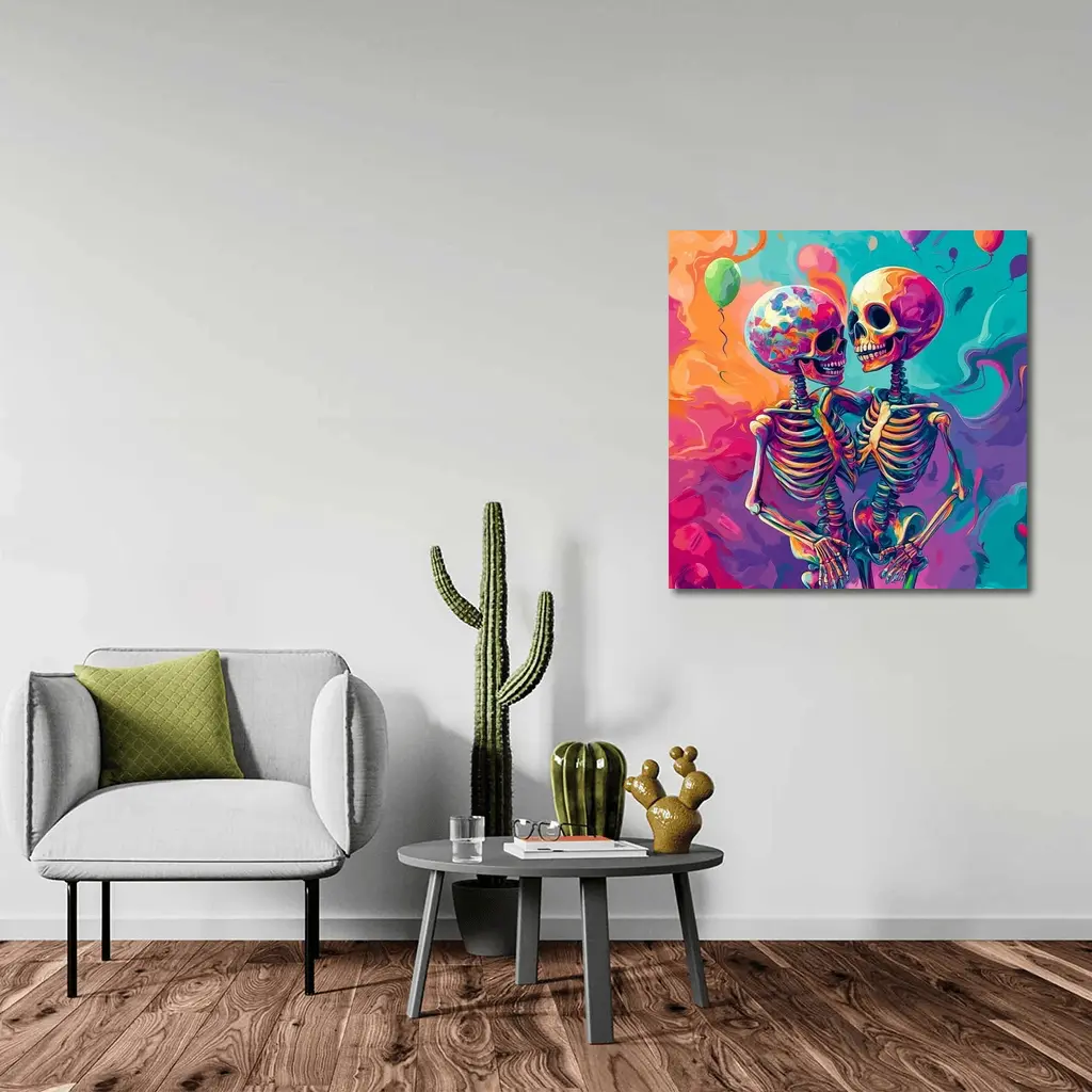 Colorful Skeletons Embracing Balloon Party Background – Wall Art