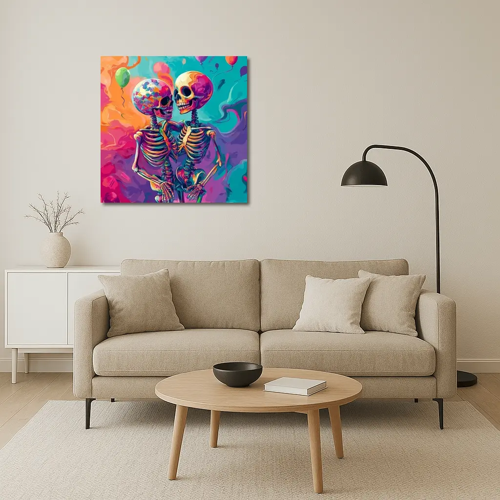 Colorful Skeletons Embracing Balloon Party Background – Wall Art