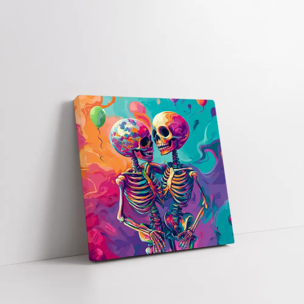 Colorful Skeletons Embracing Balloon Party Background – Wall Art