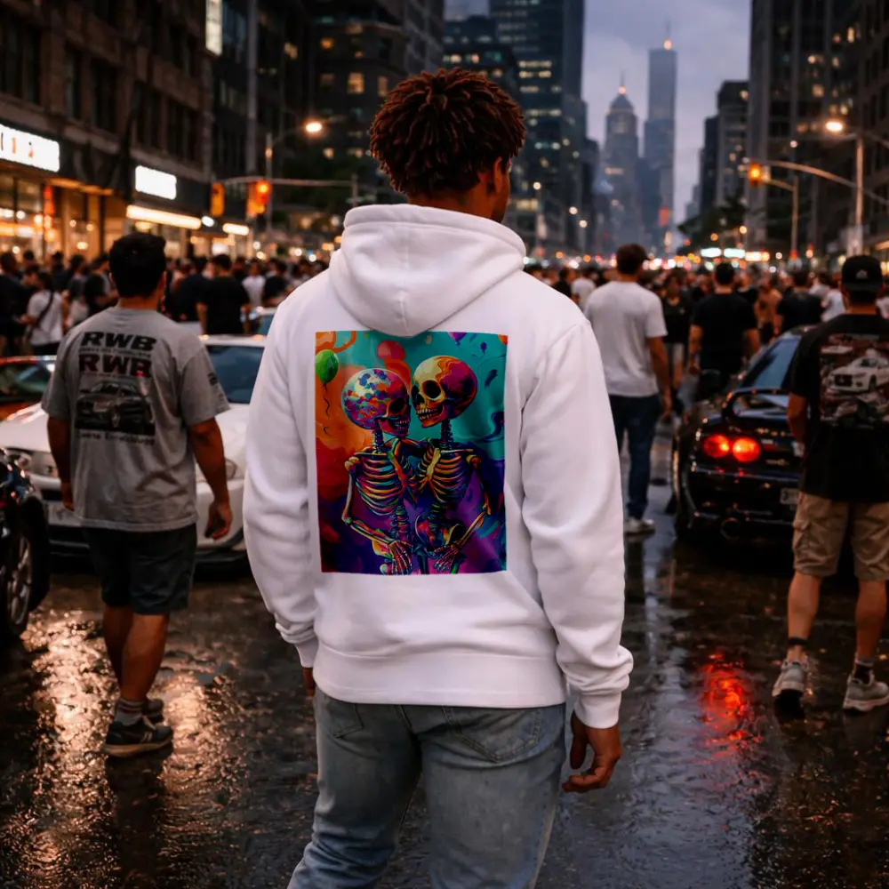 Colorful Skeletons Embracing Balloon Party Background – Hoodies