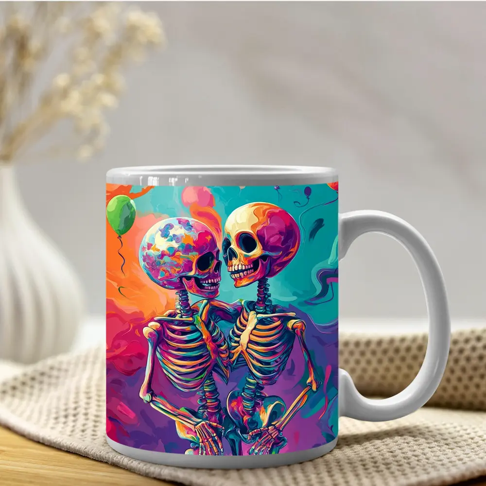 Colorful Skeletons Embracing Balloon Party Background – Mugs