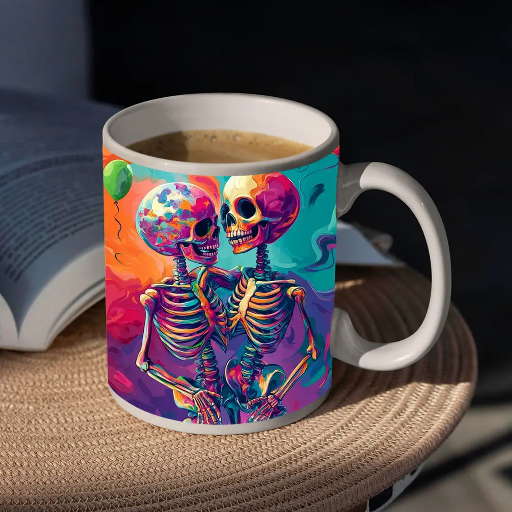 Colorful Skeletons Embracing Balloon Party Background – Mugs