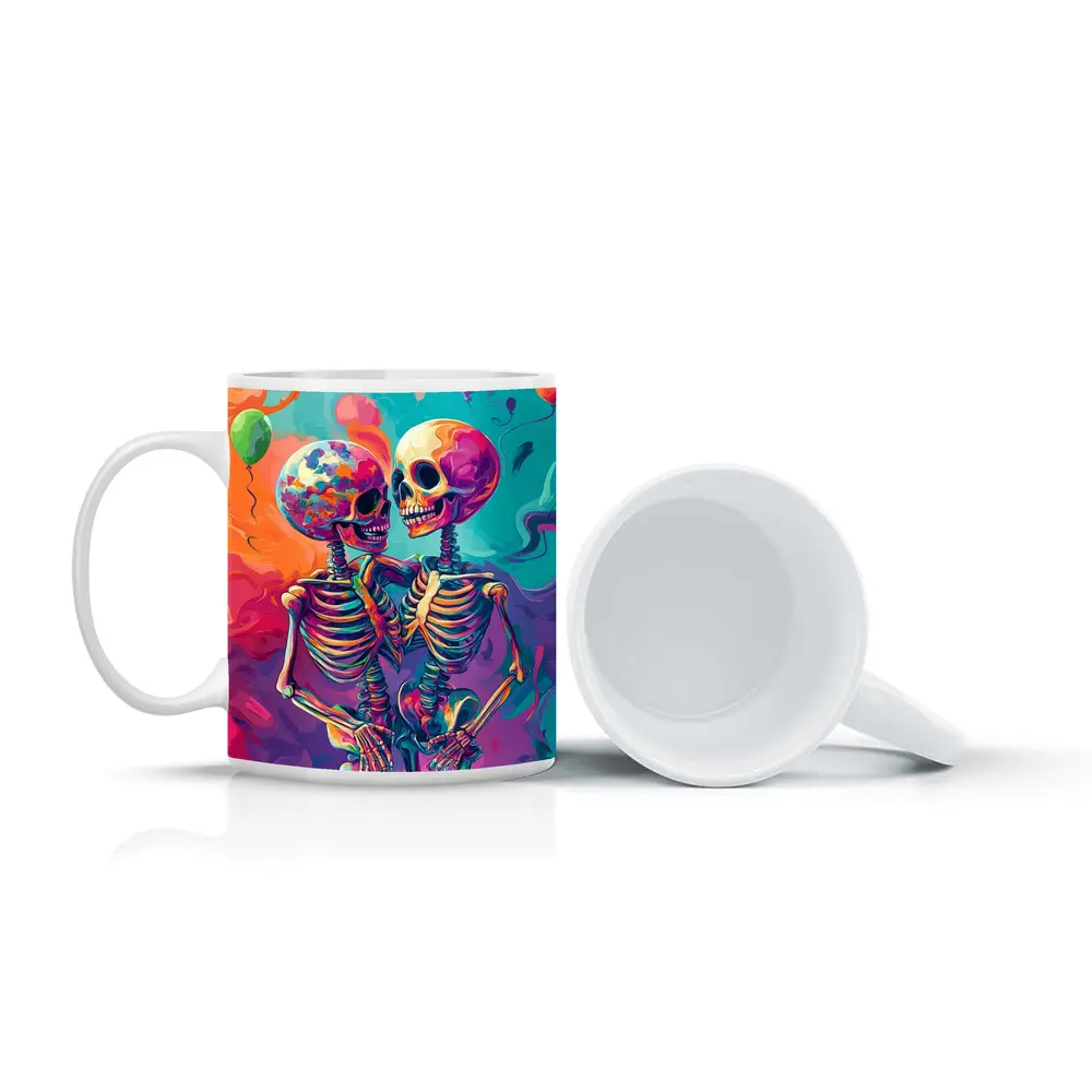Colorful Skeletons Embracing Balloon Party Background – Mugs