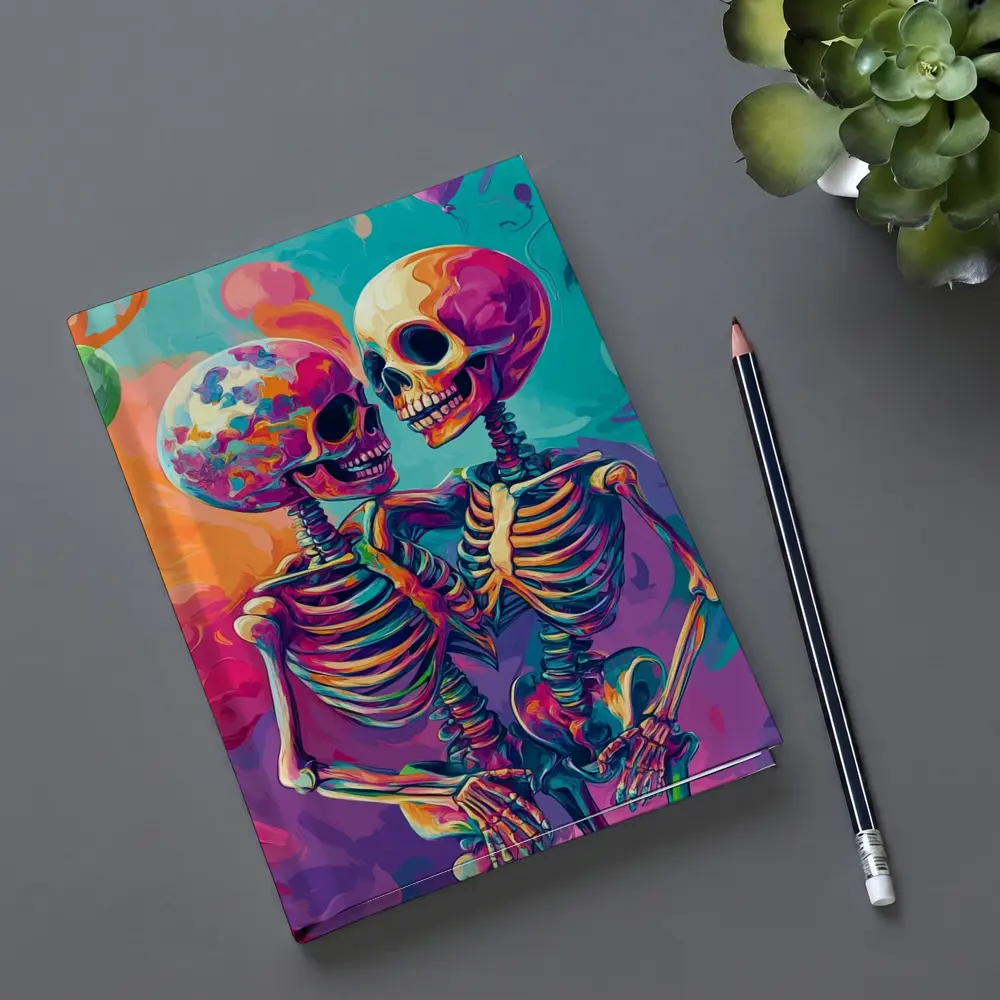 Colorful Skeletons Embracing Balloon Party Background – Notebooks