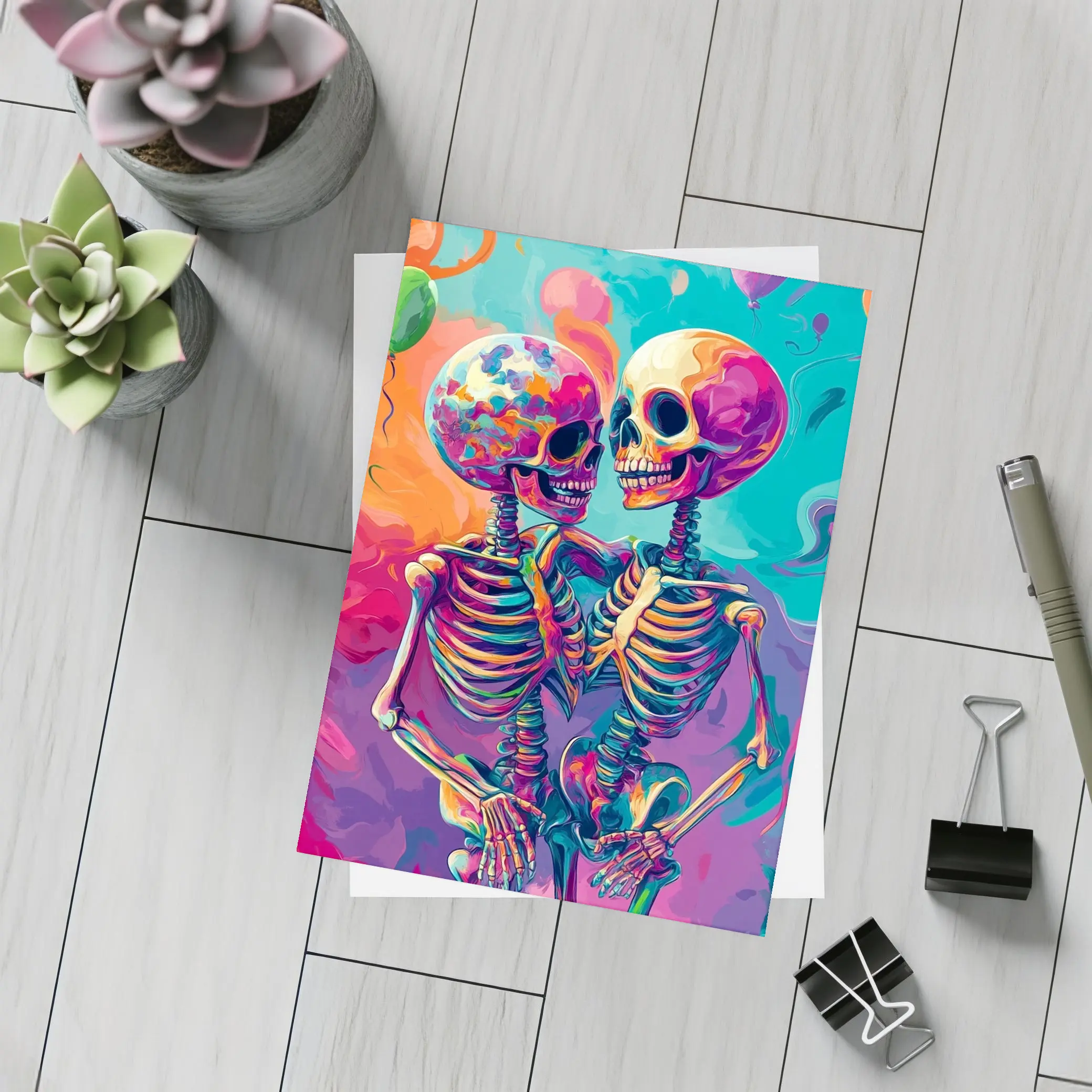 Colorful Skeletons Embracing Balloon Party Background – Postcards