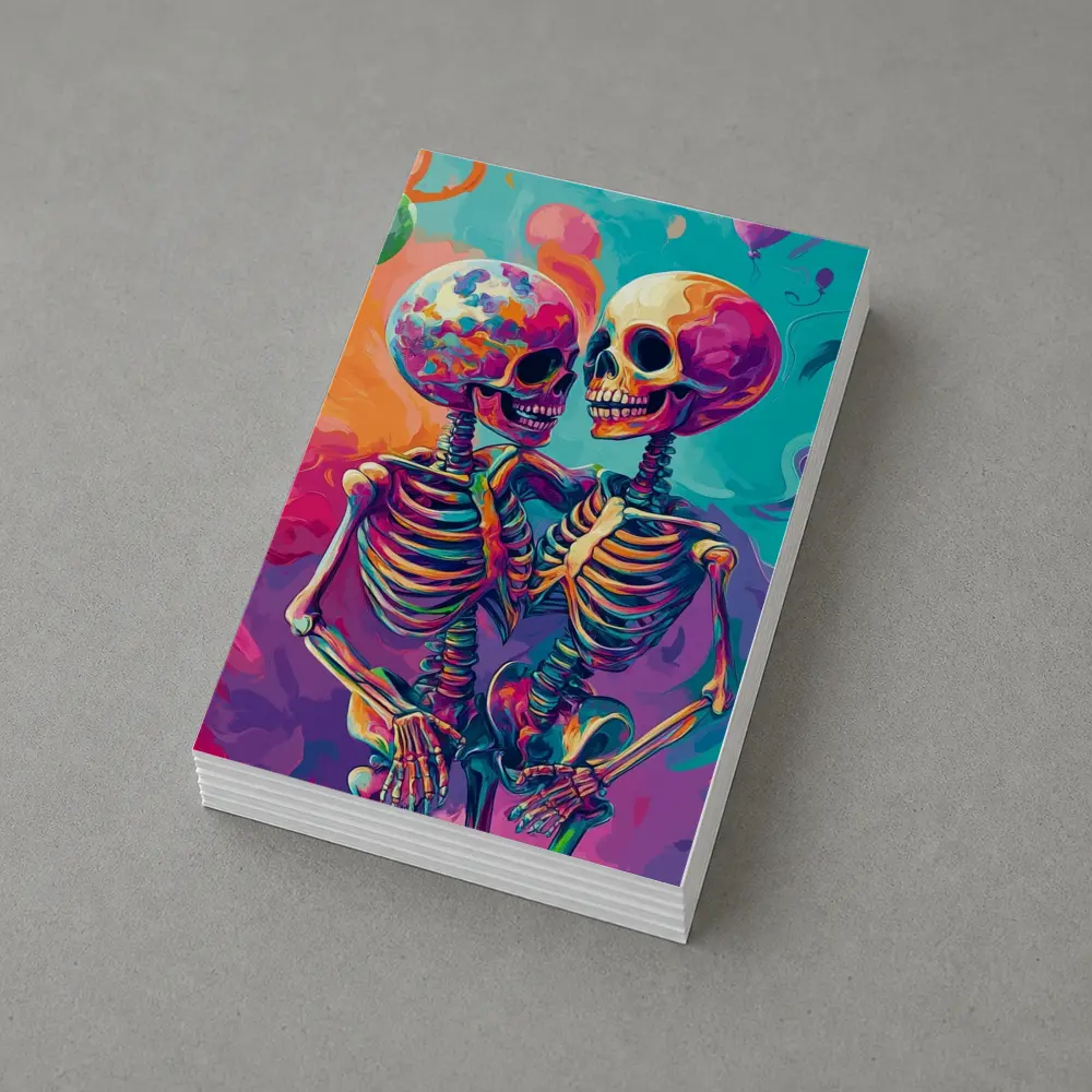 Colorful Skeletons Embracing Balloon Party Background – Postcards