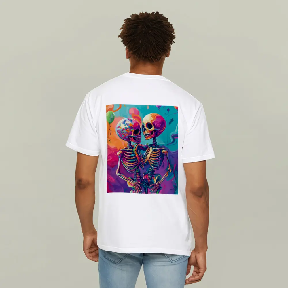 Colorful Skeletons Embracing Balloon Party Background – T-Shirts