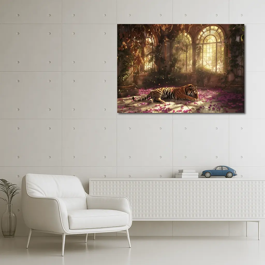 Tiger Resting in Overgrown Sunlit Greenhouse – Wall Art