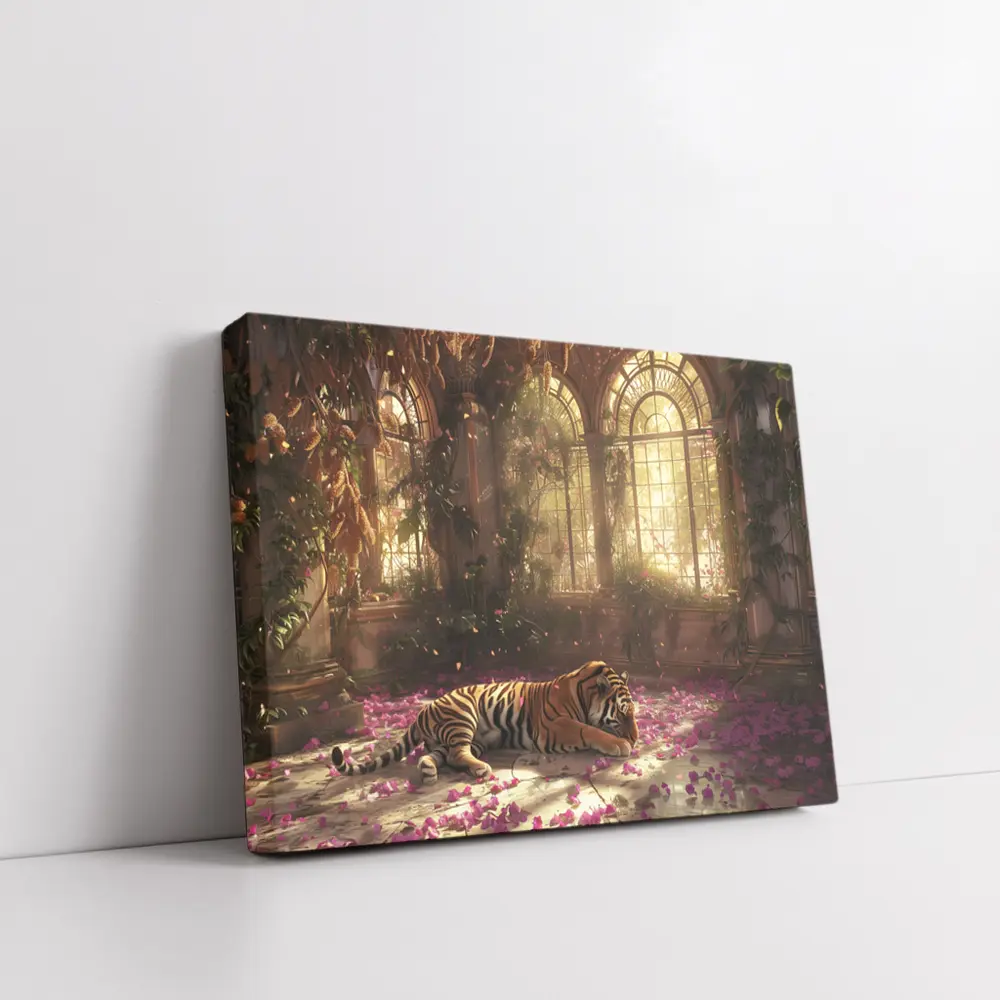 Tiger Resting in Overgrown Sunlit Greenhouse – Wall Art