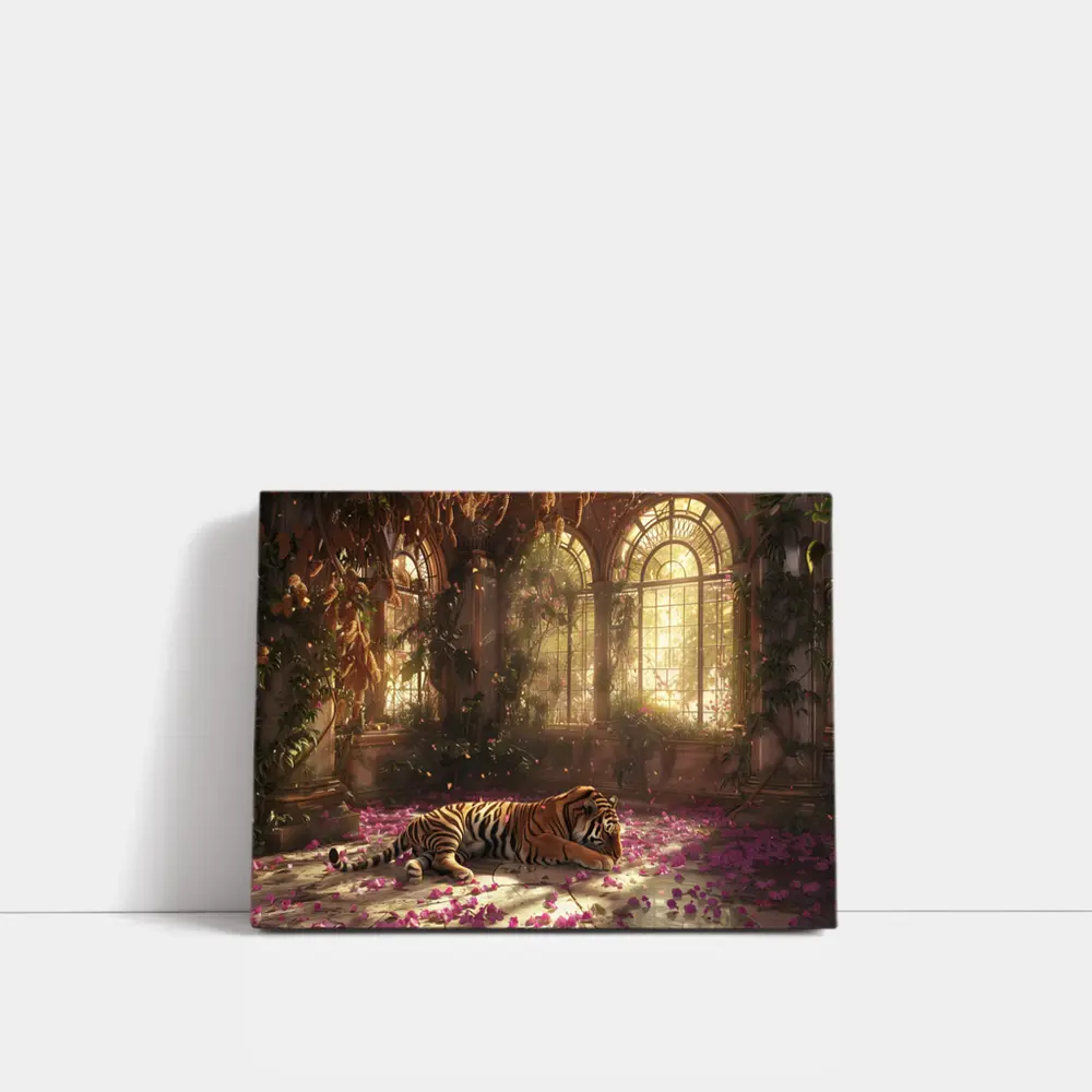 Tiger Resting in Overgrown Sunlit Greenhouse – Wall Art