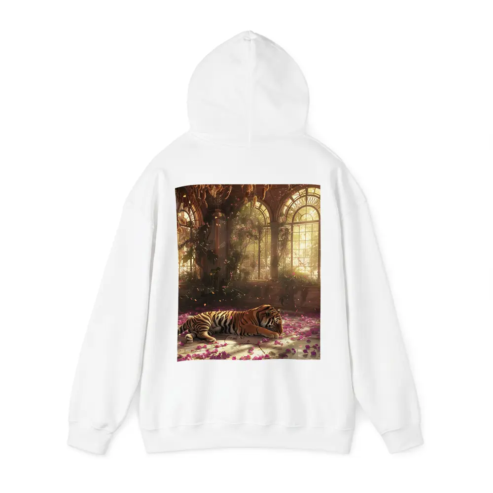 Tiger Resting in Overgrown Sunlit Greenhouse – Hoodies