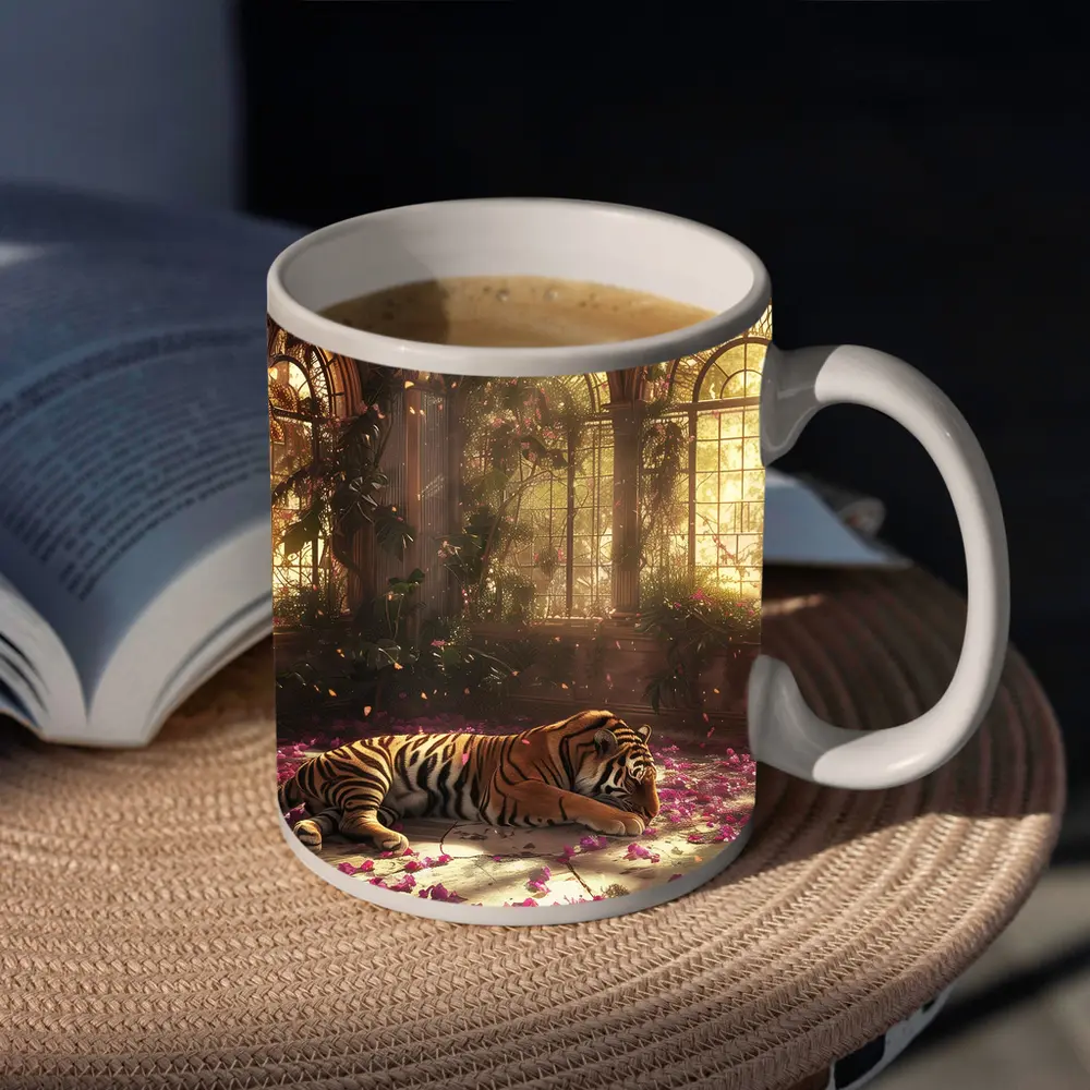 Tiger Resting in Overgrown Sunlit Greenhouse – Mugs