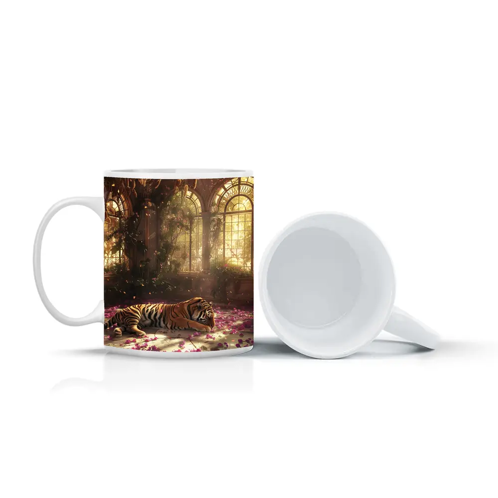 Tiger Resting in Overgrown Sunlit Greenhouse – Mugs