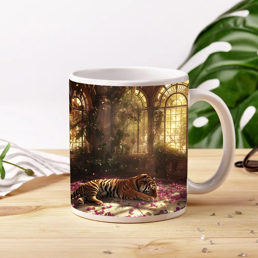 Tiger Resting in Overgrown Sunlit Greenhouse – Mugs
