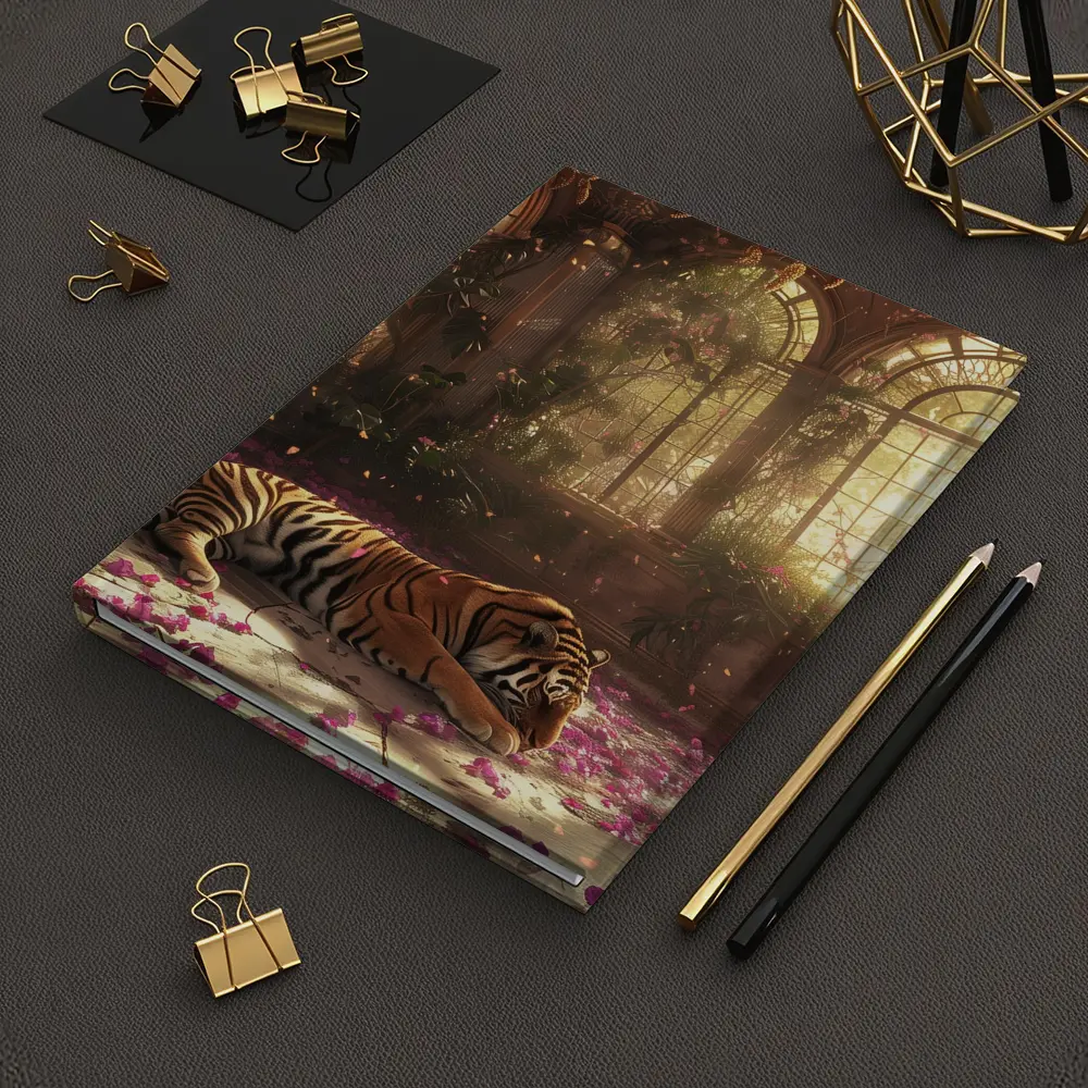 Tiger Resting in Overgrown Sunlit Greenhouse – Notebooks