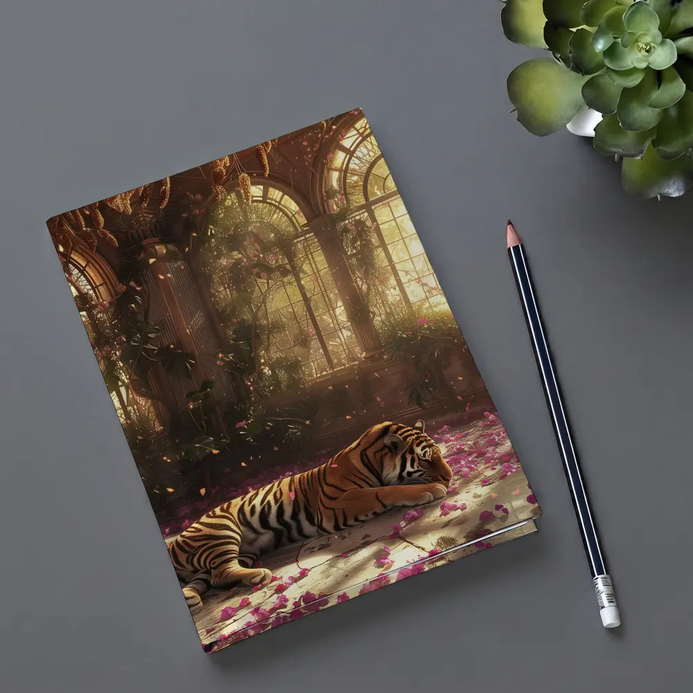 Tiger Resting in Overgrown Sunlit Greenhouse – Notebooks