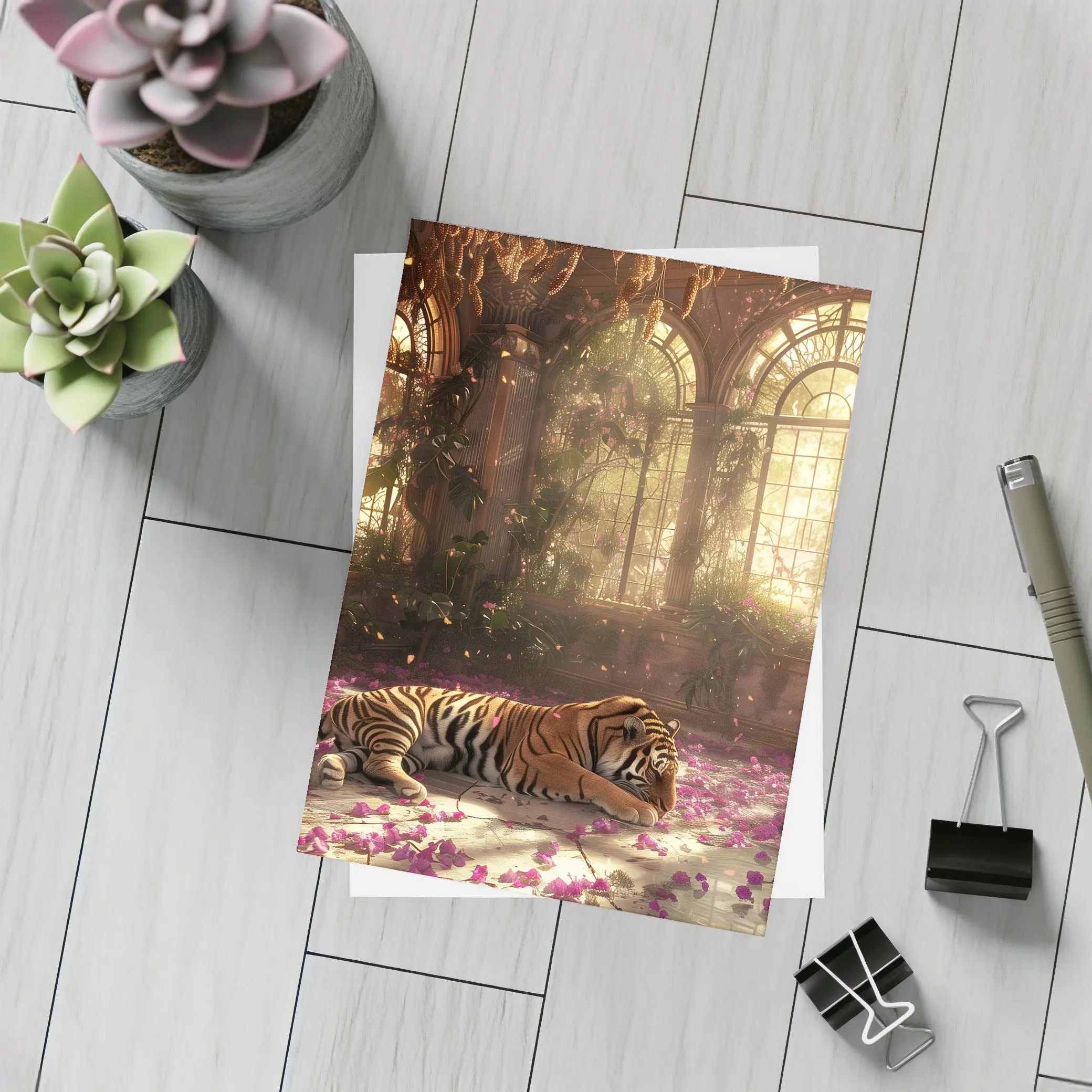 Tiger Resting in Overgrown Sunlit Greenhouse – Postcards