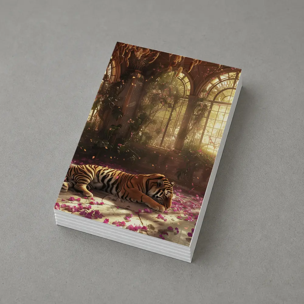 Tiger Resting in Overgrown Sunlit Greenhouse – Postcards